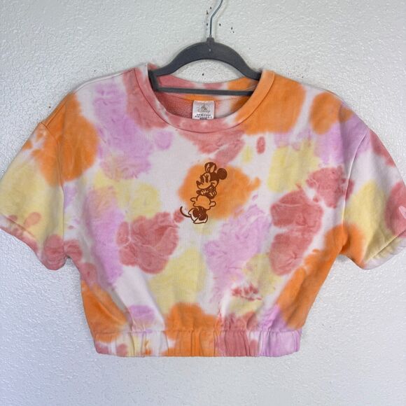 Minnie Mouse Top Womens Medium Tie Dye Knit Crop Pullover Disney Parks Merch M - Picture 1 of 11